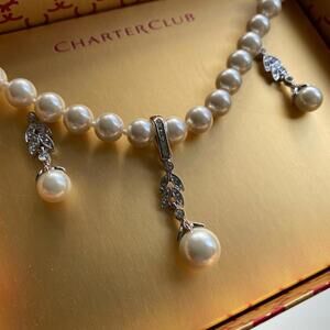New Charter Club Pearl Necklace Set Dangling Drop Earrings Silver Tone